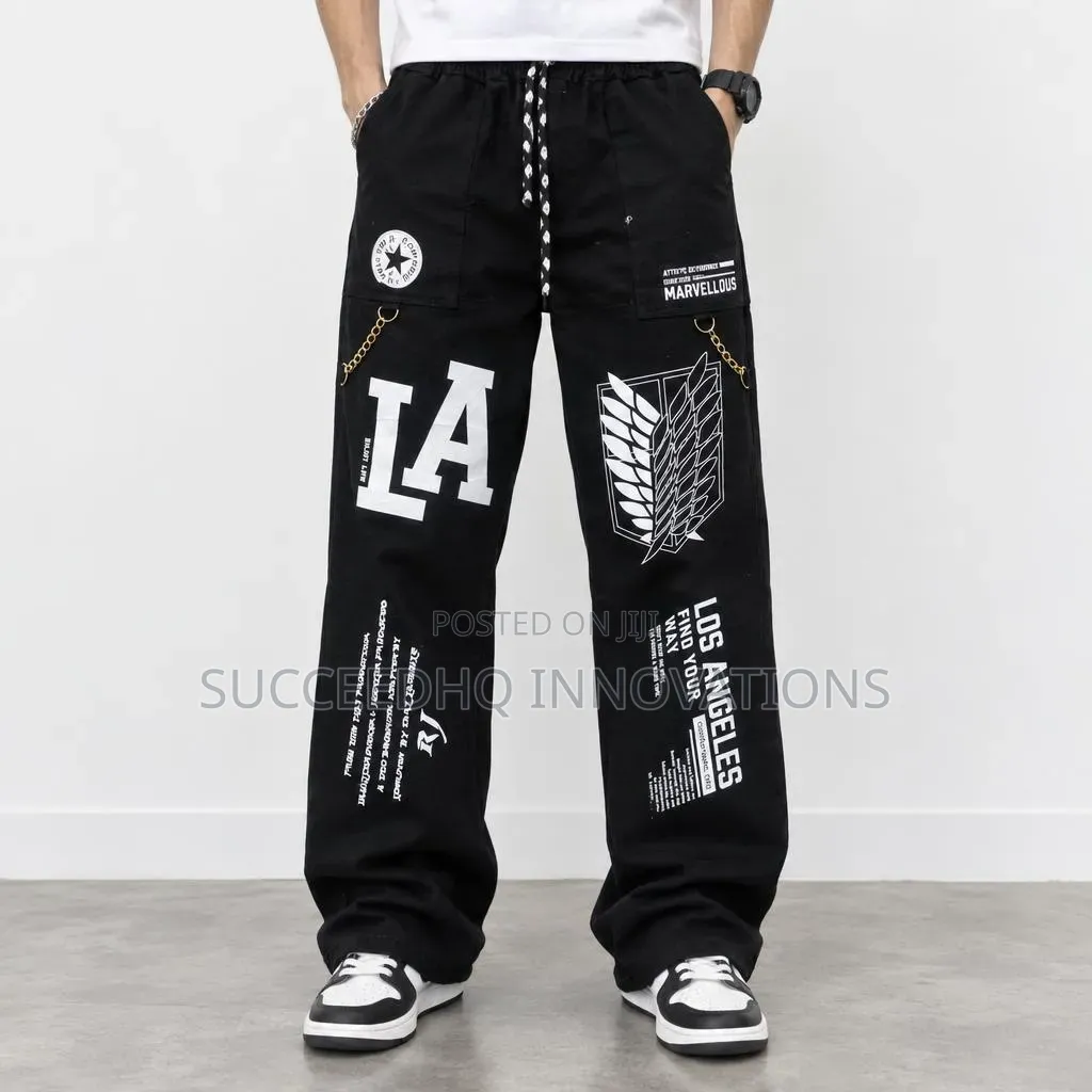 Men's Black Baggy Cargo Jeans LA Graphic Streetwear Pants With Chain