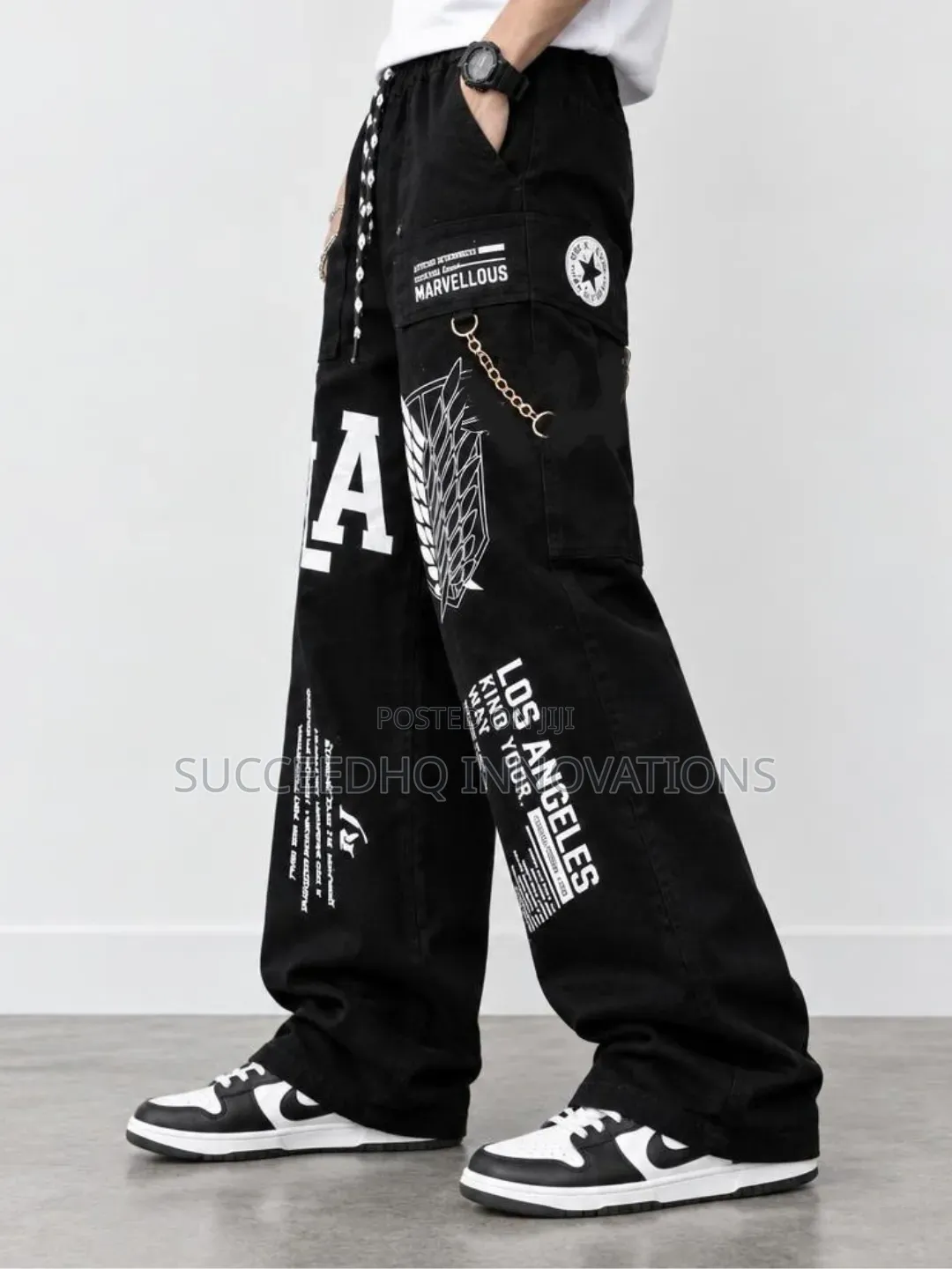 Men's Black Baggy Cargo Jeans LA Graphic Streetwear Pants With Chain