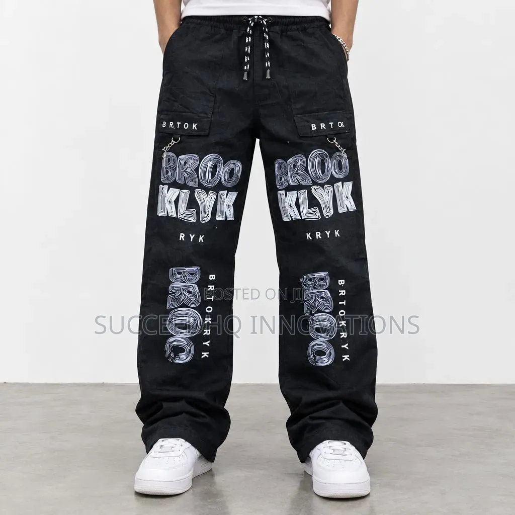Men's Black Baggy Cargo Jeans Streetwear Wide Leg Pants With Chains