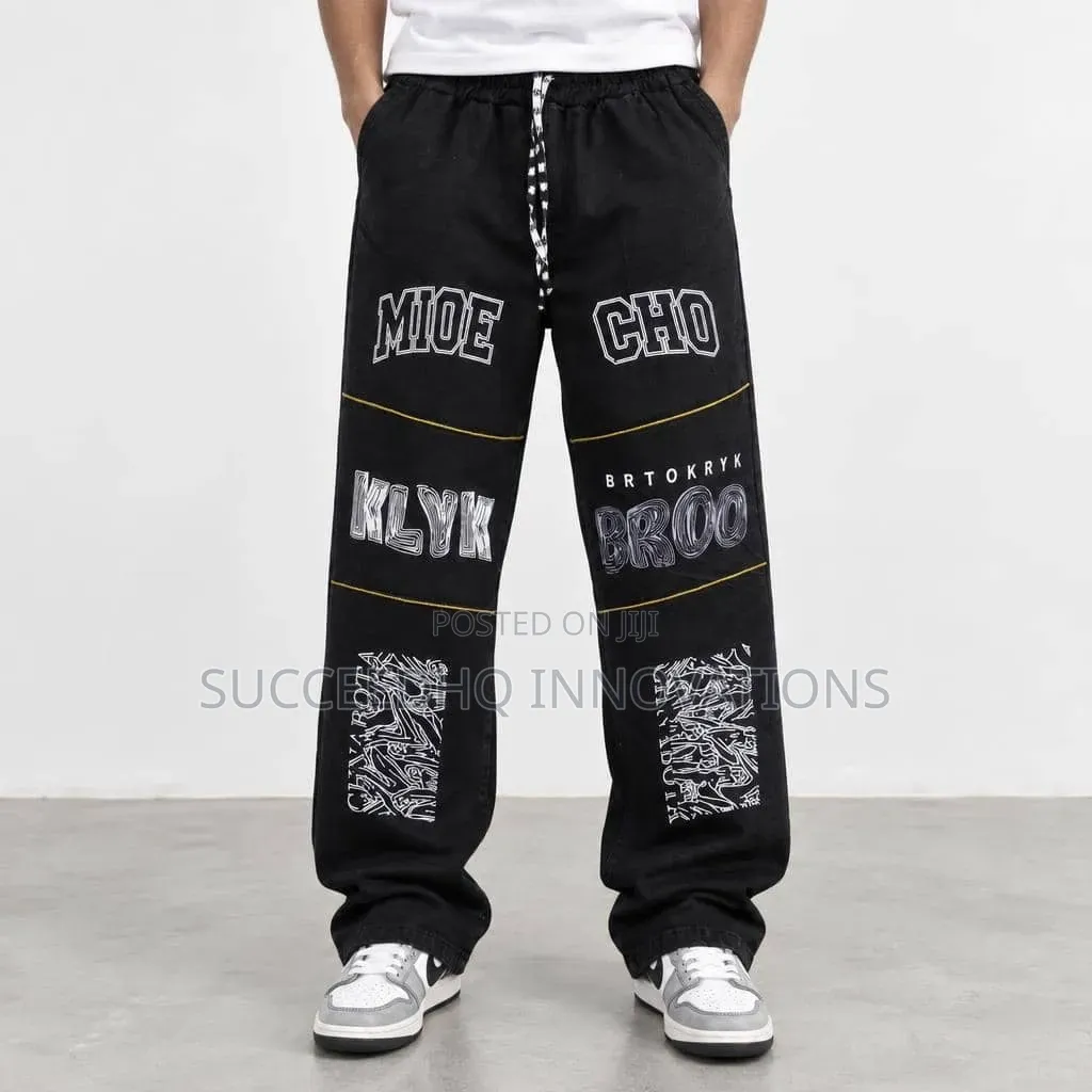 Men's Black Baggy Streetwear Pant Graphic Print Wide Leg Jeans Hip Hop