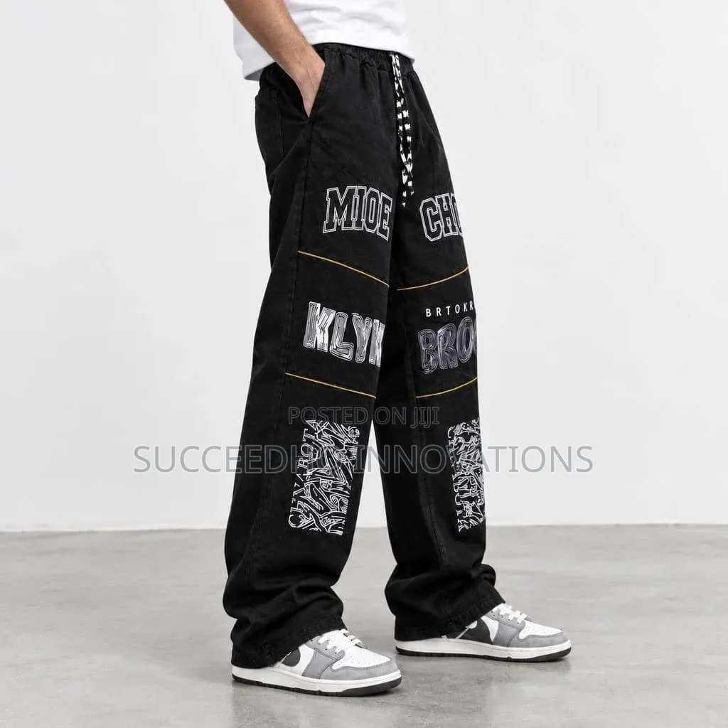 Men's Black Baggy Streetwear Pant Graphic Print Wide Leg Jeans Hip Hop