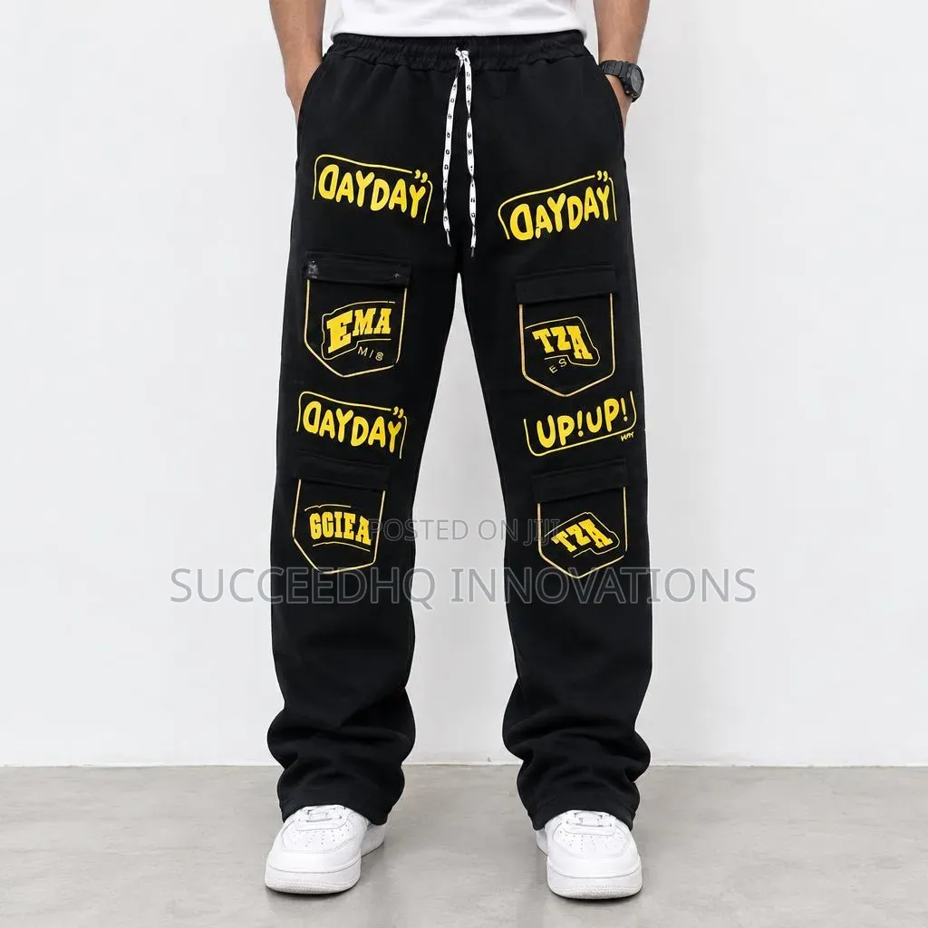 Men's Black Baggy Cargo Pants Yellow Graphics Wide Leg Jeans Trouser