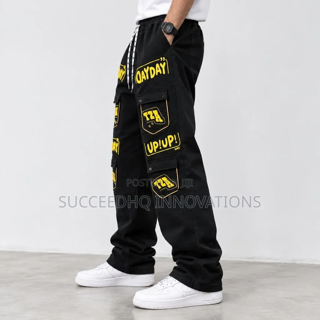 Men's Black Baggy Cargo Pants Yellow Graphics Wide Leg Jeans Trouser