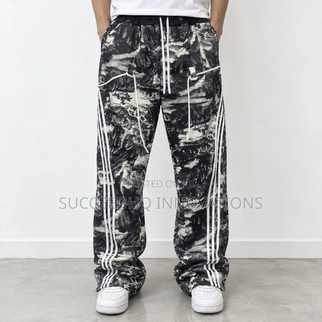 Men's Baggy Wide Leg Jeans Black & White Abstract Streetwear Trousers