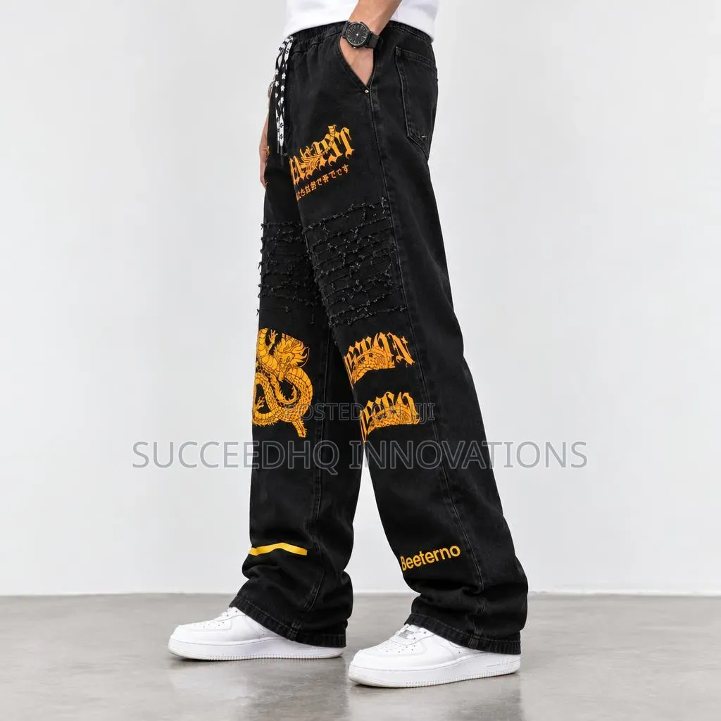 Men's Black Baggy Graphic Jeans Orange Dragon Streetwear Trousers