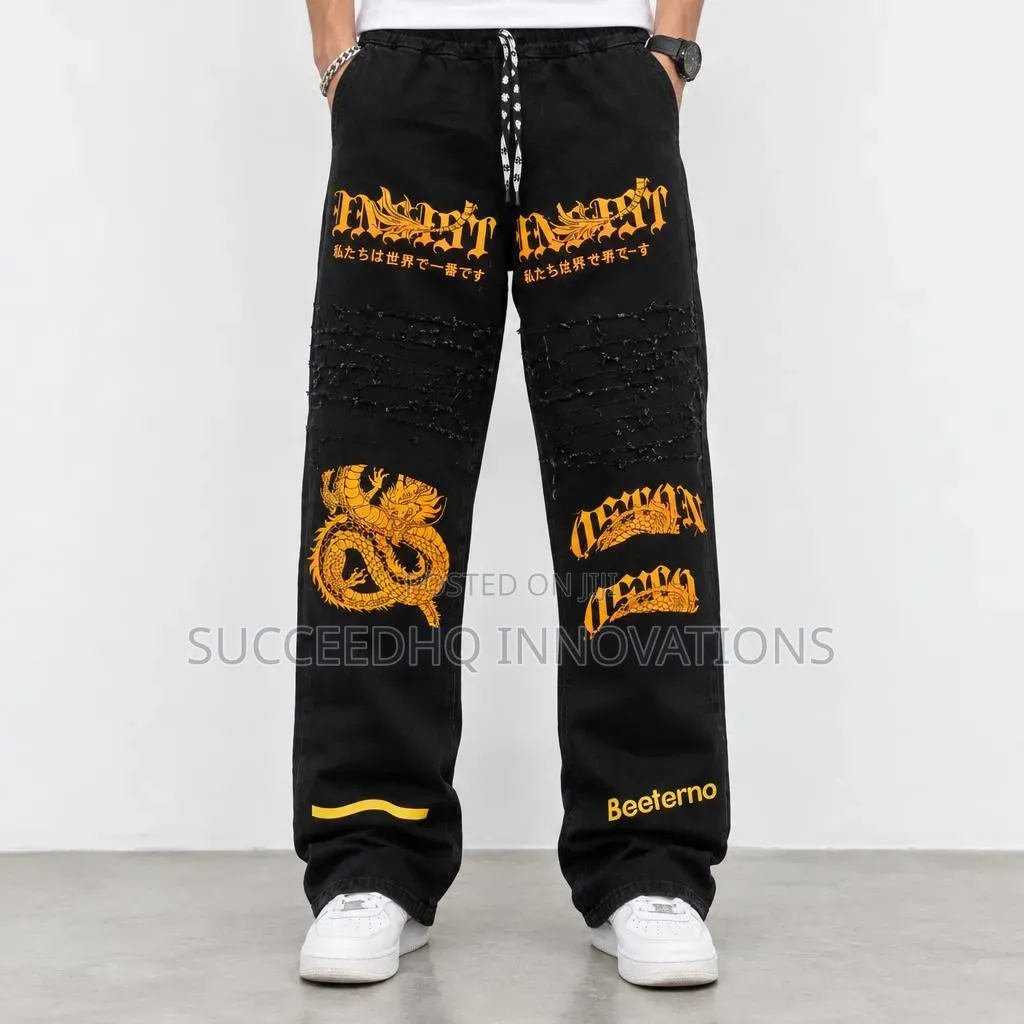 Men's Black Baggy Graphic Jeans Orange Dragon Streetwear Trousers