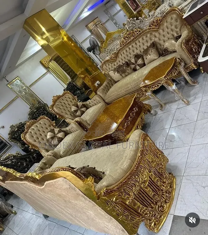 Royal Fabric Sofa Chairs With Wooden Center Table/Two Stools