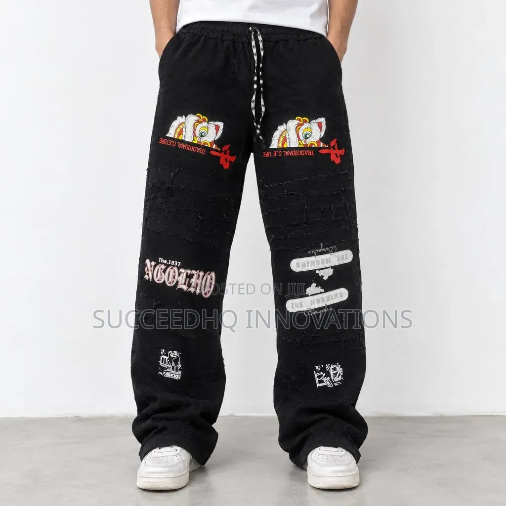Men's Black Baggy Graphic Jeans Distressed Streetwear Trousers