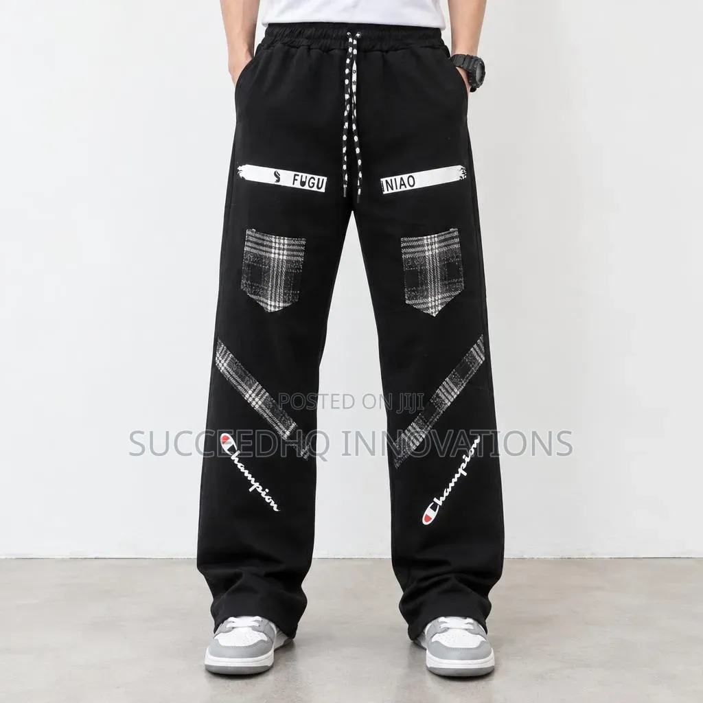 Men's Black Baggy Jeans Champion Graphic Print & Plaid Patch Trousers