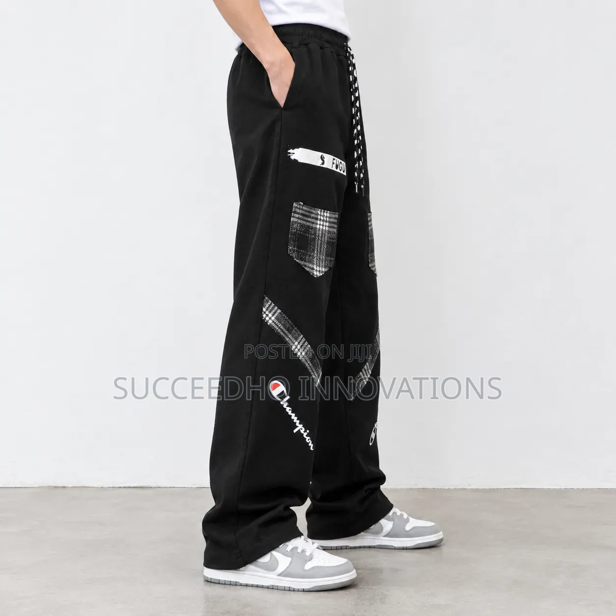 Men's Black Baggy Jeans Champion Graphic Print & Plaid Patch Trousers