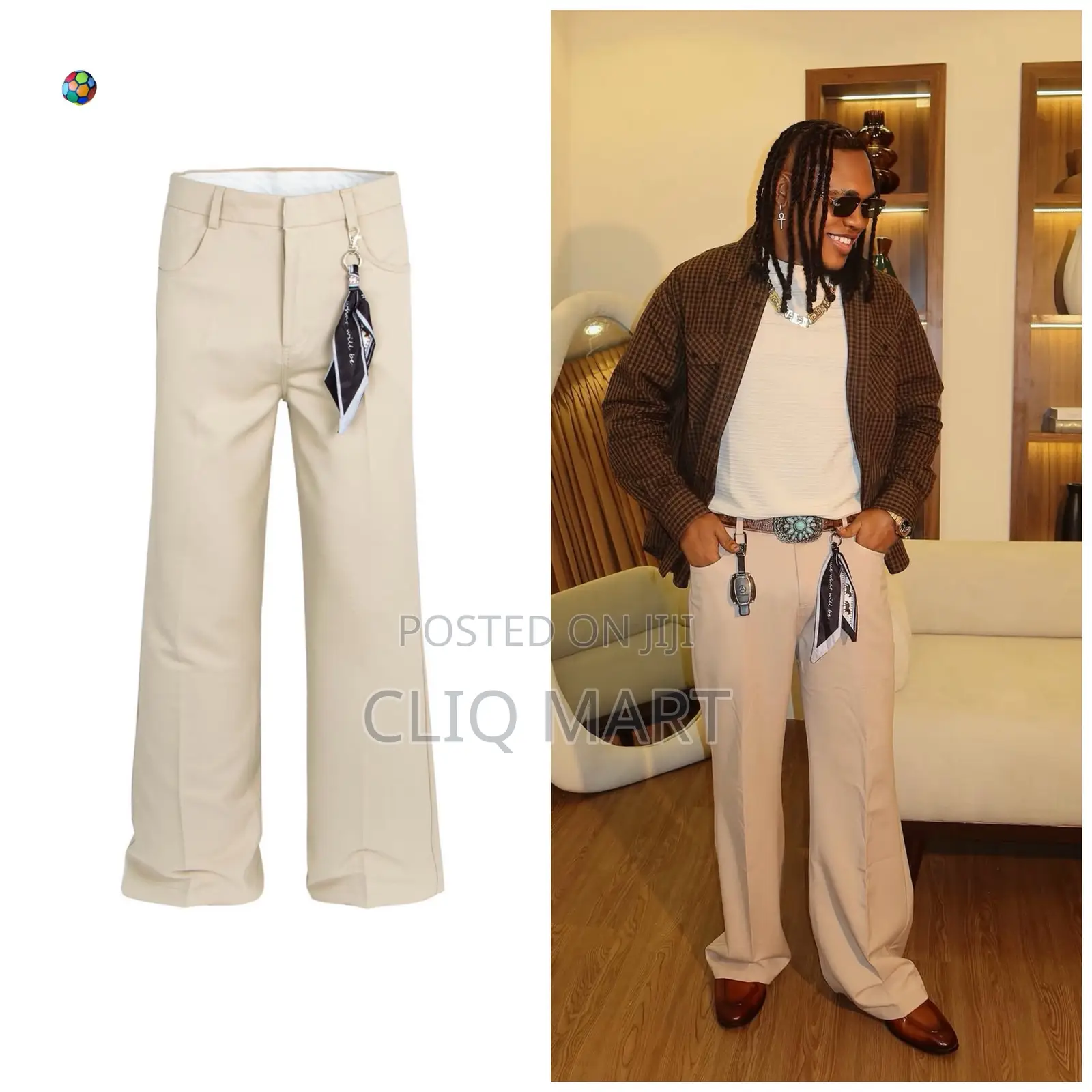 Designer Scarf-Accented Wide-Leg Trousers | Black, Grey & Beige