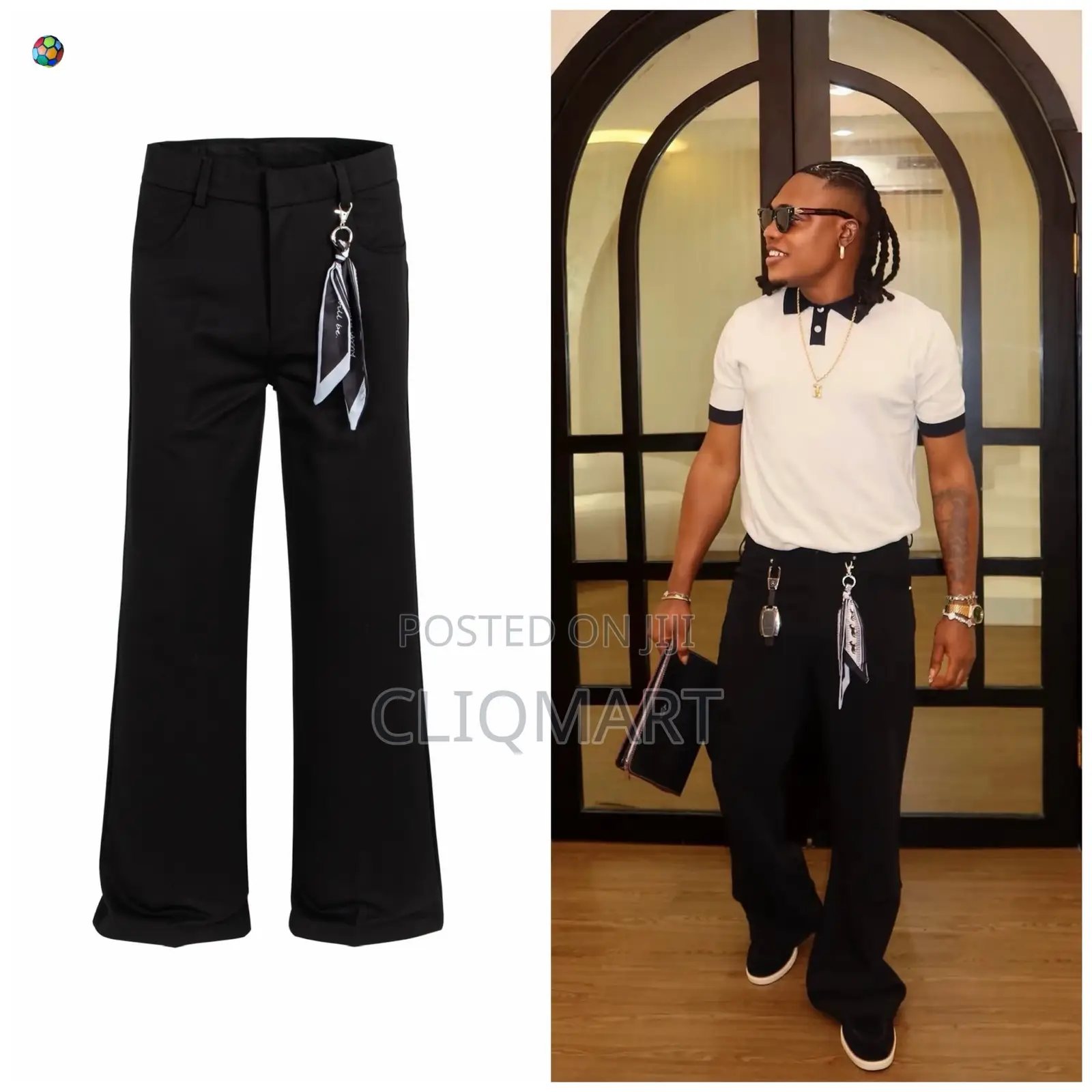 Designer Scarf-Accented Wide-Leg Trousers | Black, Grey & Beige