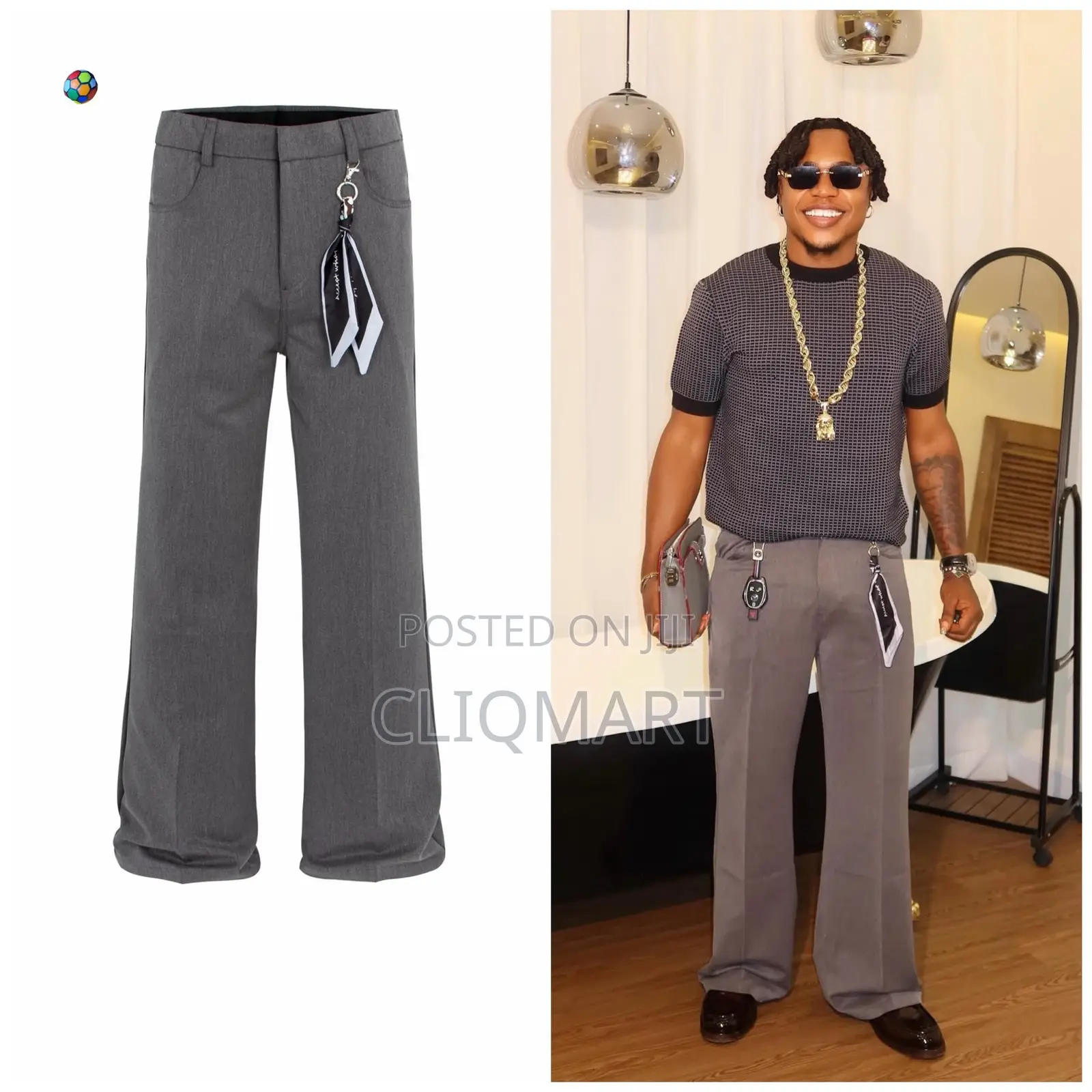 Designer Scarf-Accented Wide-Leg Trousers | Black, Grey & Beige