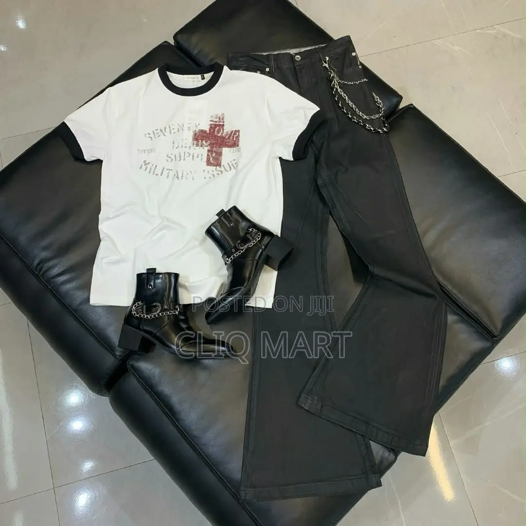 Complete Designer Outfit Set (Graphic Tee, Flared Denim & Chain Boots)