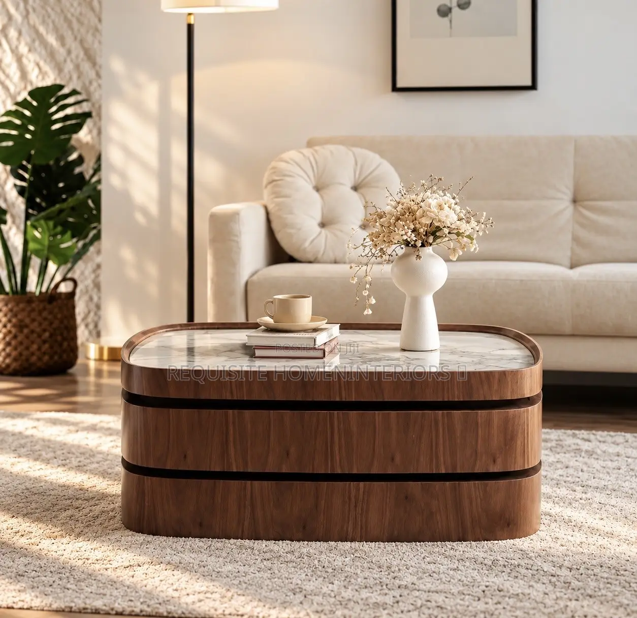 Rich Walnut Oval Coffee Table – Woodgrain Center Table With Marble Top