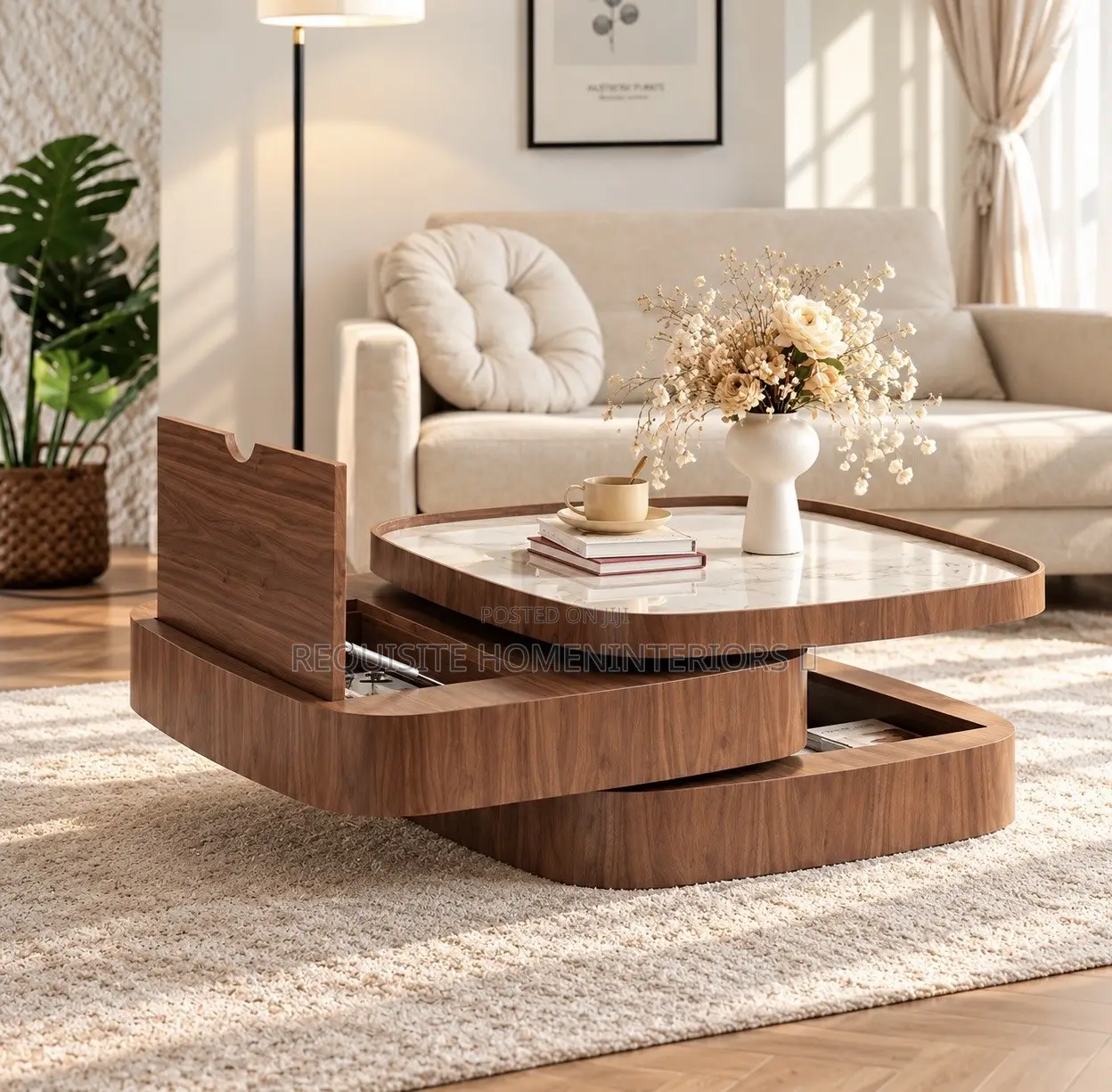 Rich Walnut Oval Coffee Table – Woodgrain Center Table With Marble Top