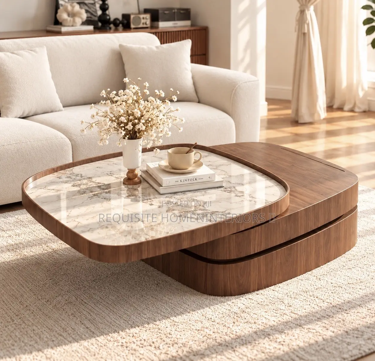 Rich Walnut Oval Coffee Table – Woodgrain Center Table With Marble Top