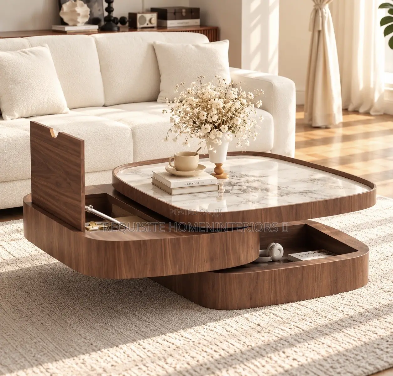 Rich Walnut Oval Coffee Table – Woodgrain Center Table With Marble Top