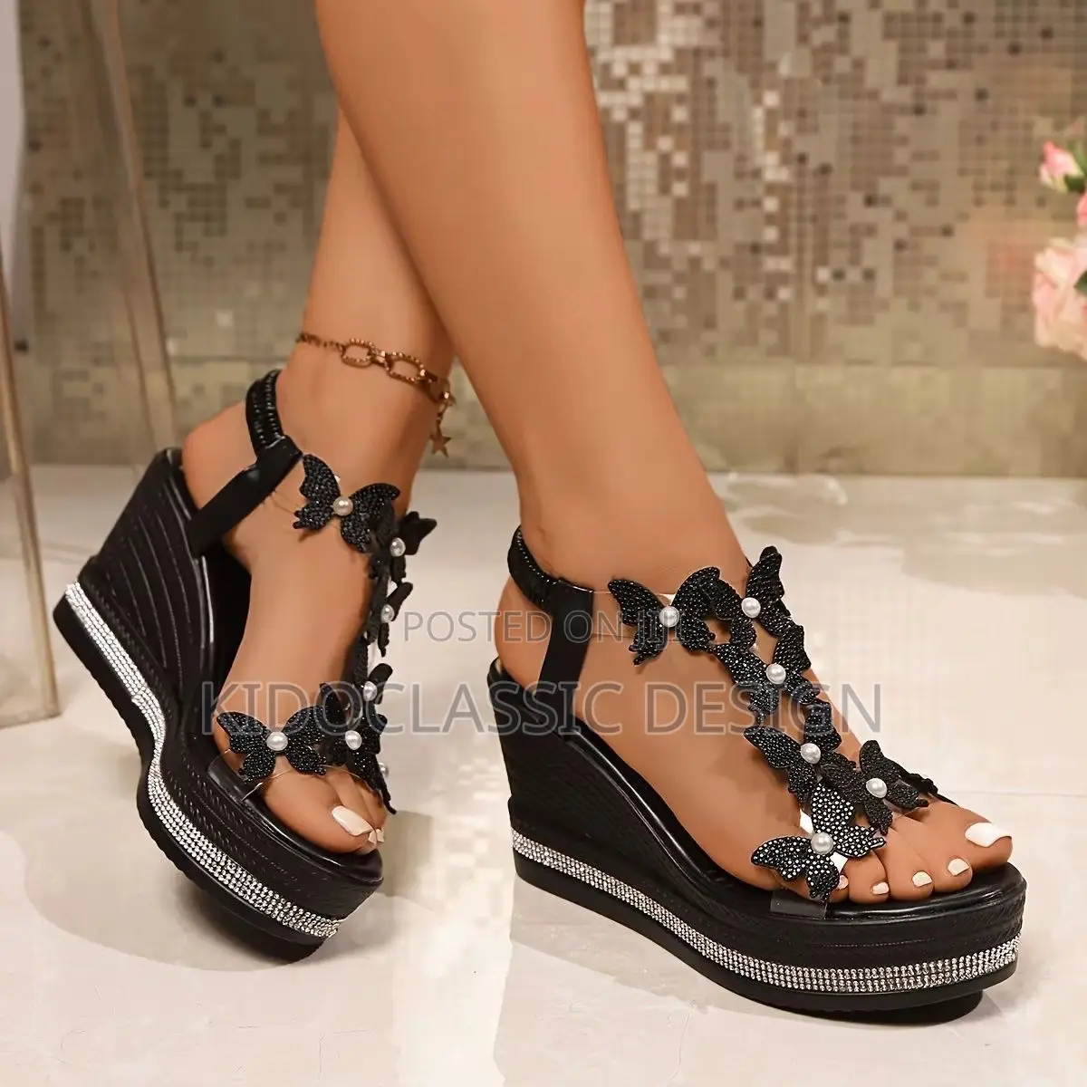 Women Butterfly Black Sandals