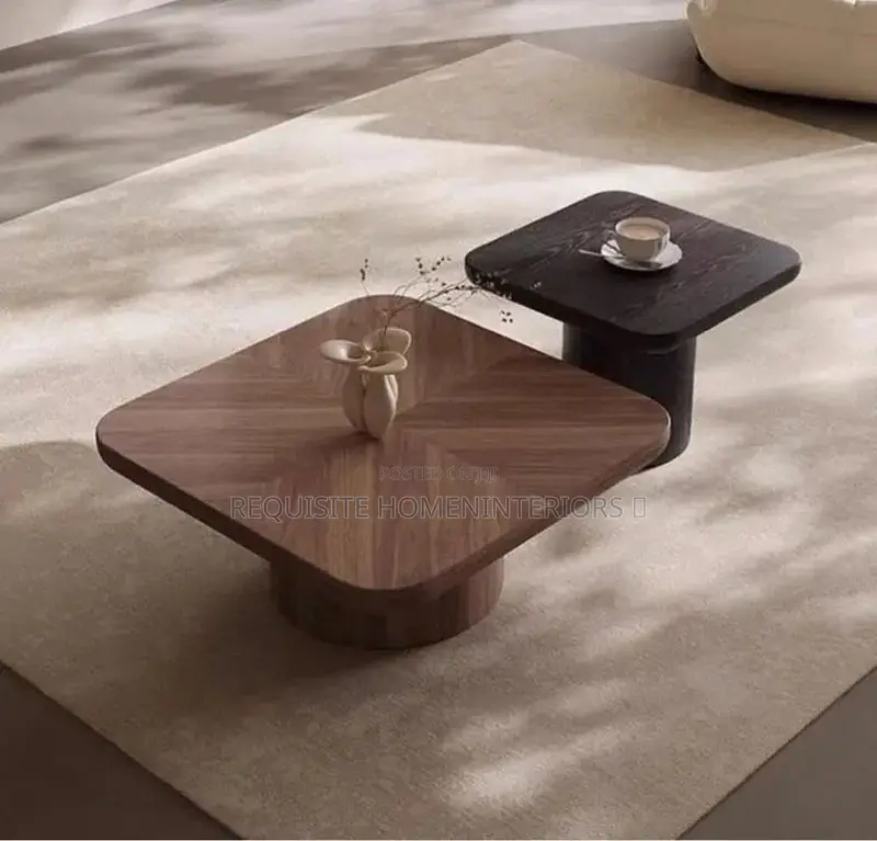 Walnut and Black Dual-Level Pedestal Coffee Tables