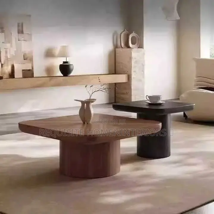 Walnut and Black Dual-Level Pedestal Coffee Tables