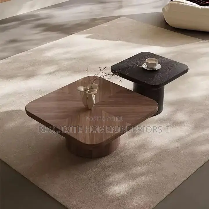 Walnut and Black Dual-Level Pedestal Coffee Tables