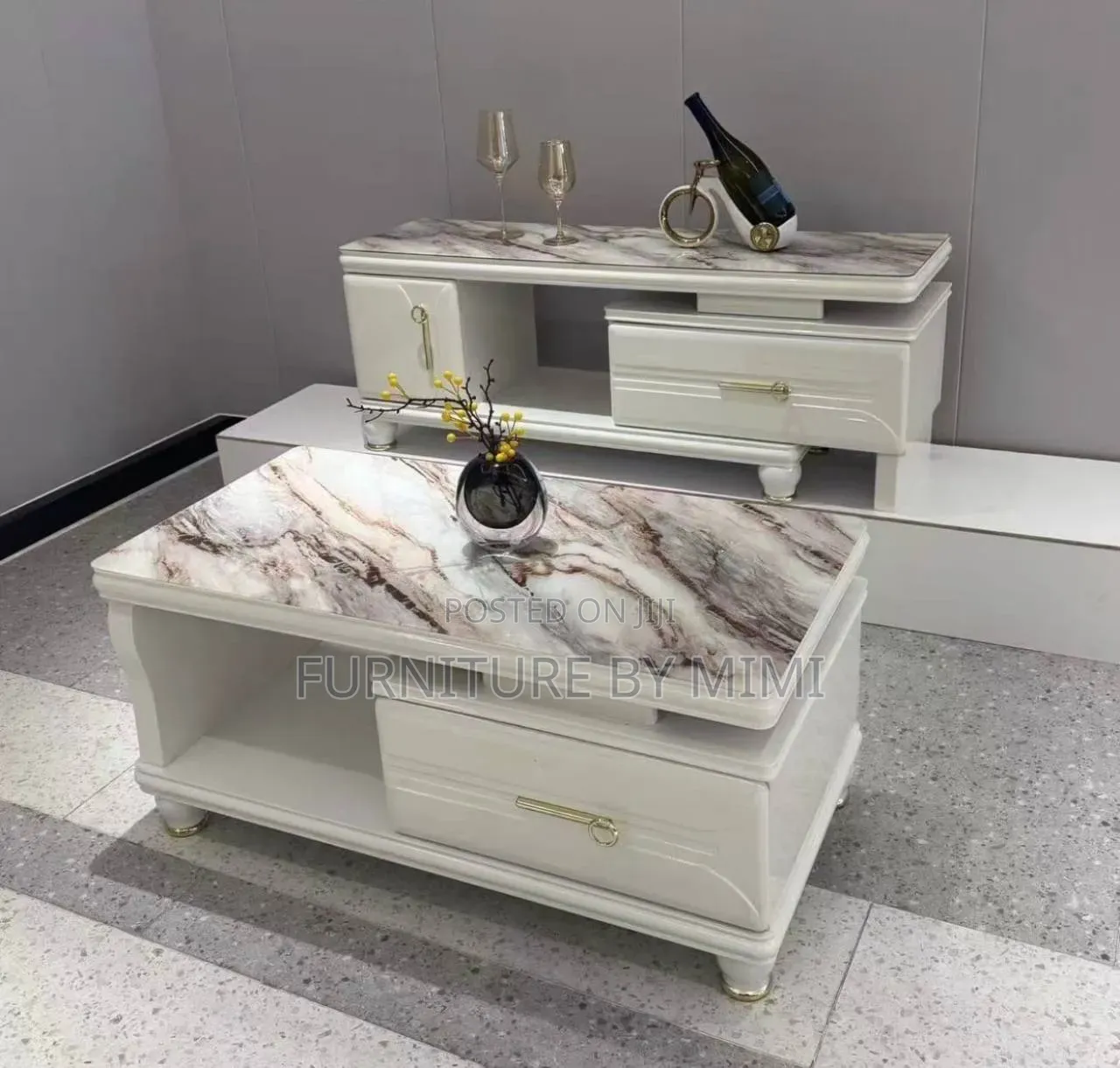 Luxury Imported Marble-Top TV Stand and Center Table Set