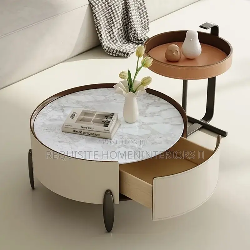 Luxury Round Center Table With Wooden Rim & Stitched Leather Details