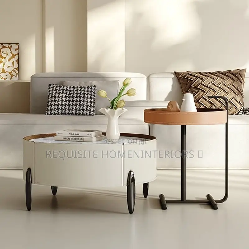 Luxury Round Center Table With Wooden Rim & Stitched Leather Details