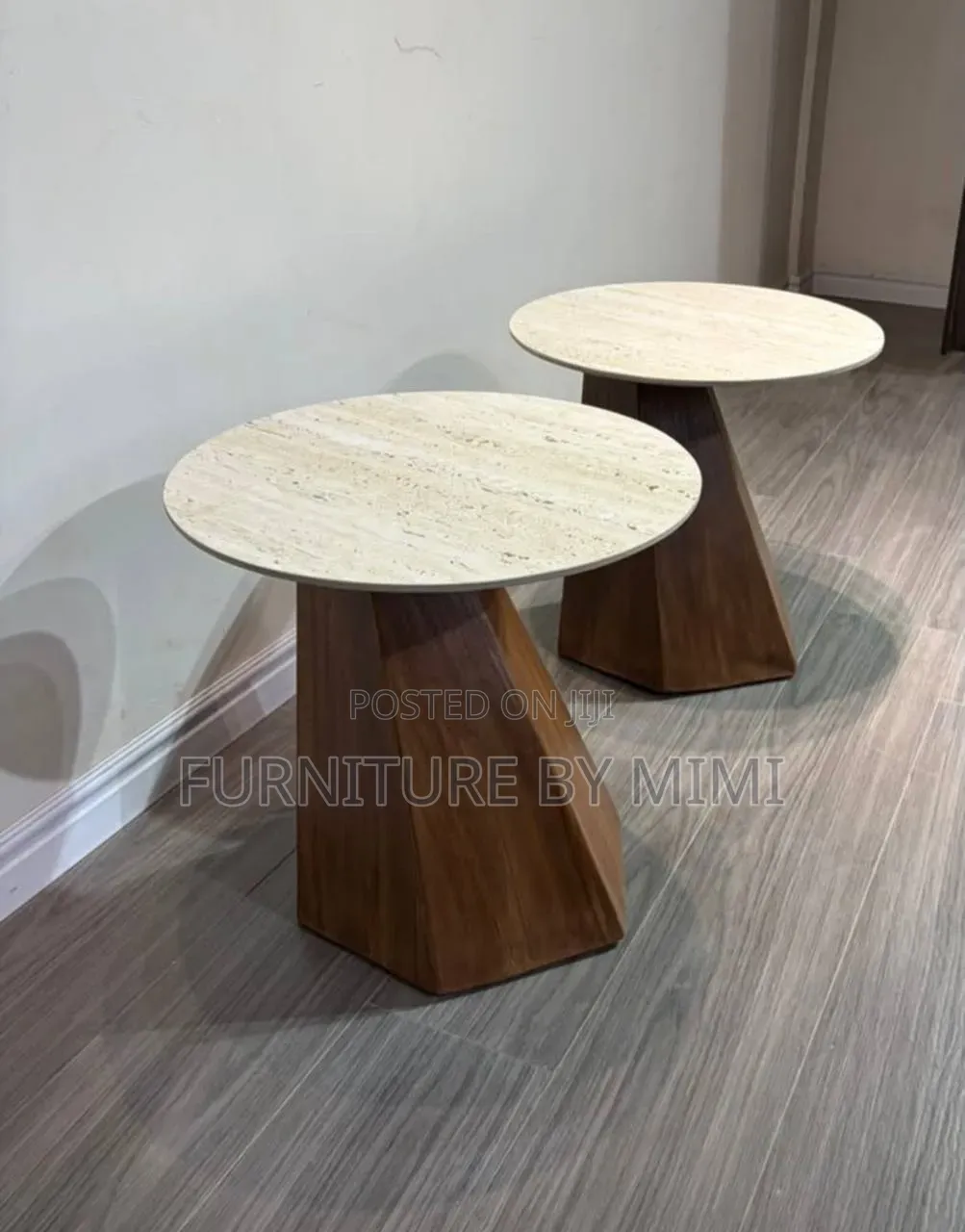 Luxury Travertine Stone & Walnut Side Tables – Set of 2