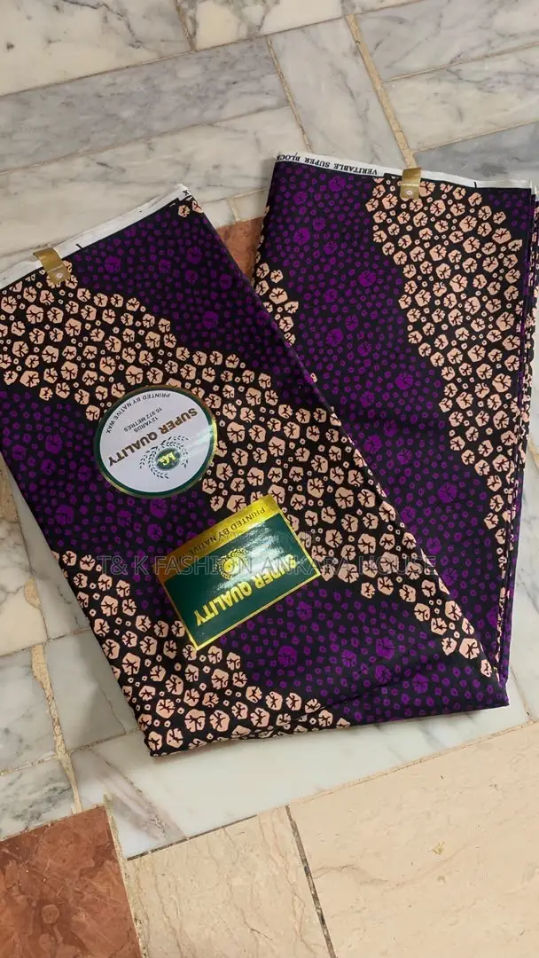 Super Quality Native Wax Ankara, 12 Yards (Purple & Peach Print)