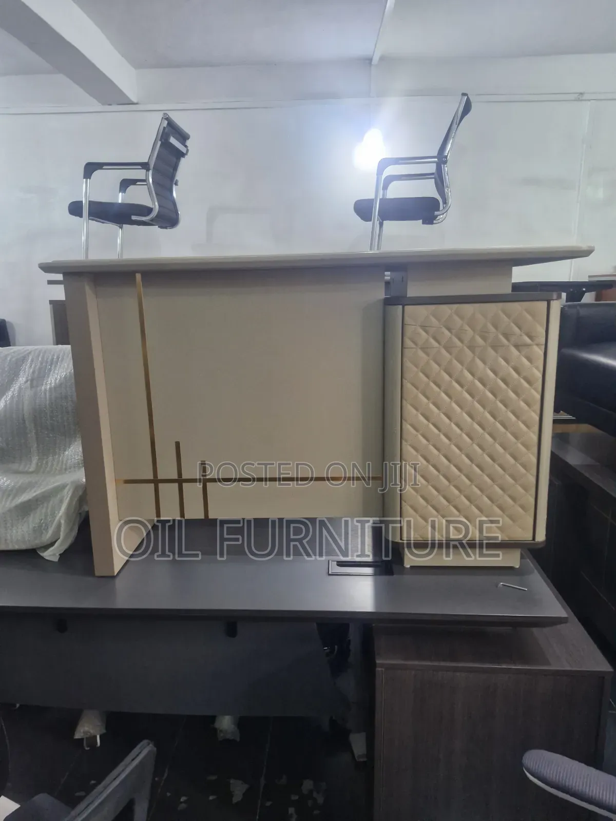 Premium Executive Office Table With Storage Cabinet, Beige & Gold 1.2