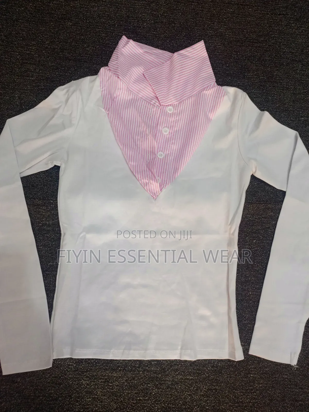 Long Sleeve Top With Pink Striped Collar