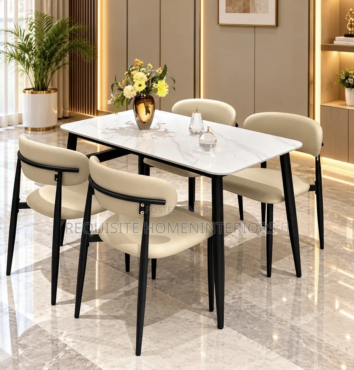 Headline: Contemporary 4-Seater Dining Set – Sleek Marble Finishing
