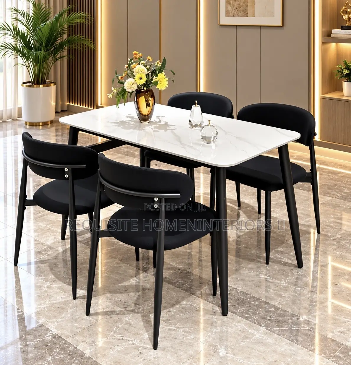 Headline: Contemporary 4-Seater Dining Set – Sleek Marble Finishing