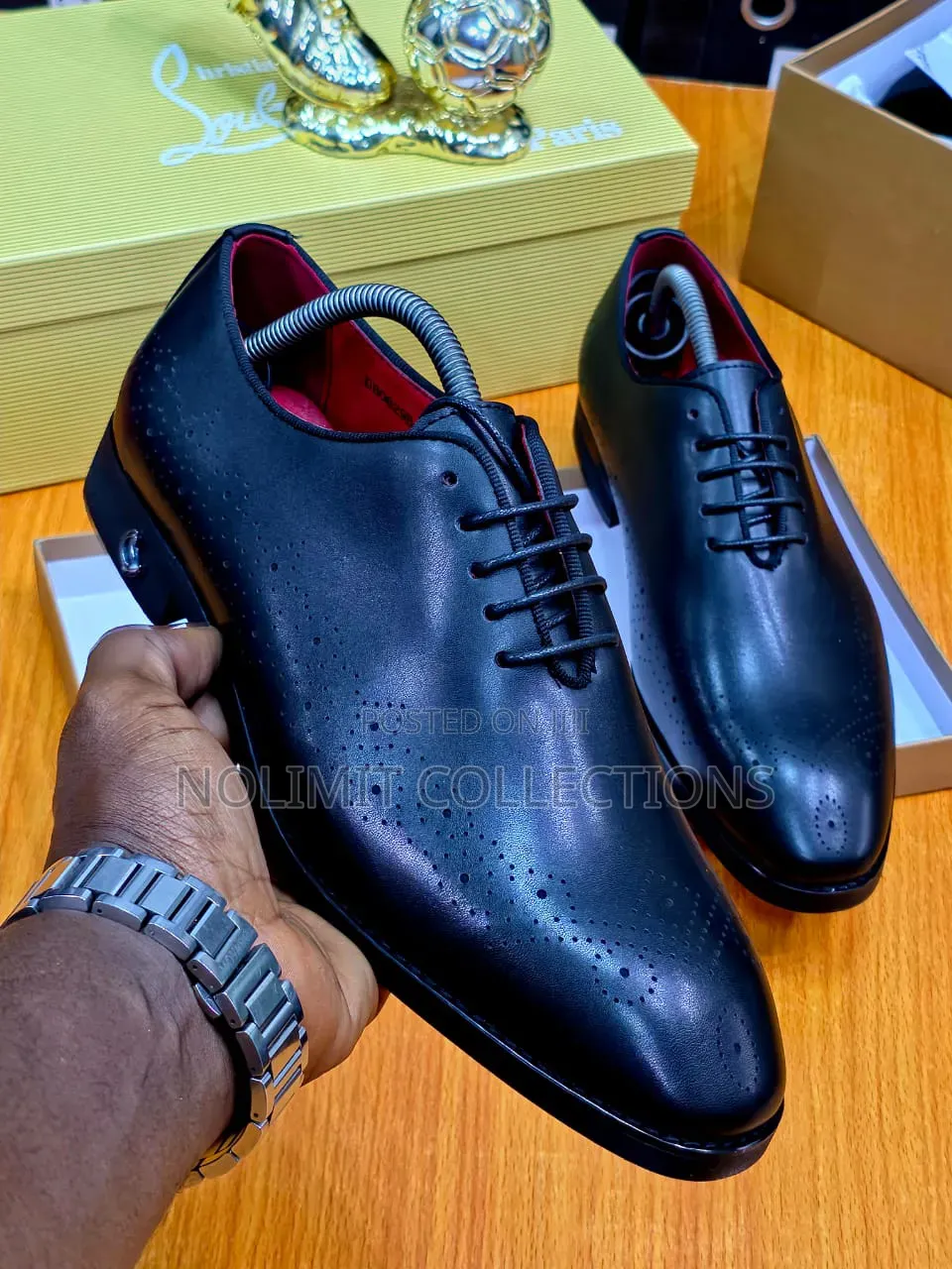 Black Leather Oxford Wingtip Brogues With Red Sole Details
