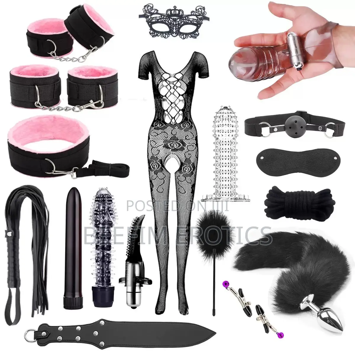 18pc BDSM Restraint Kit Set Cuffs Blindfold Rope, Whip, Collar