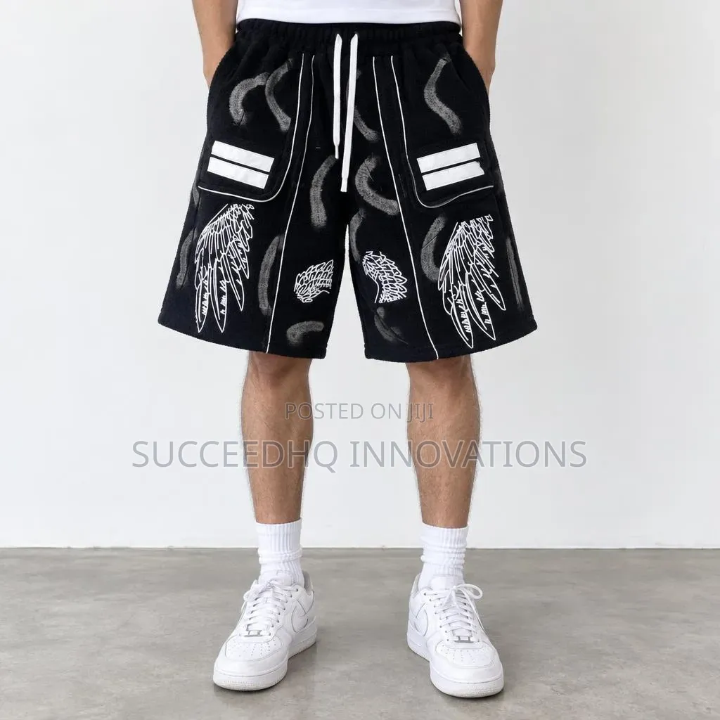 Men's Black Baggy Jean Shorts Graphic Print & White Stripe Streetwear
