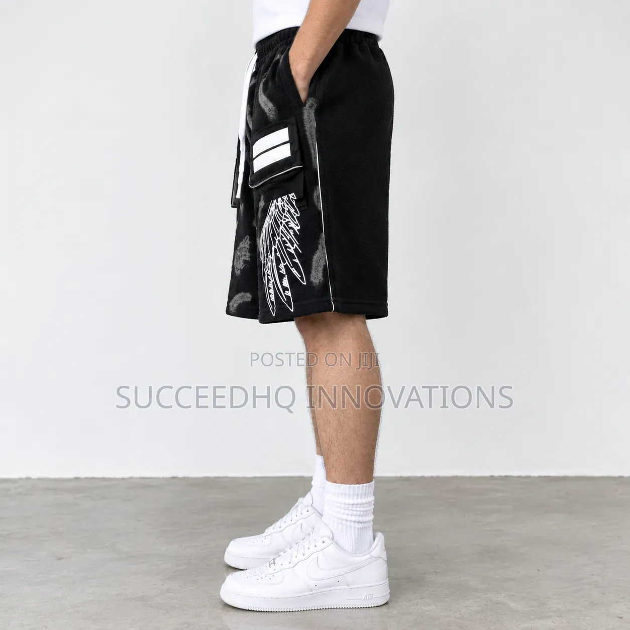 Men's Black Baggy Jean Shorts Graphic Print & White Stripe Streetwear