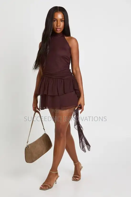 Brown Halterneck Mesh Ruffle Mini Dress