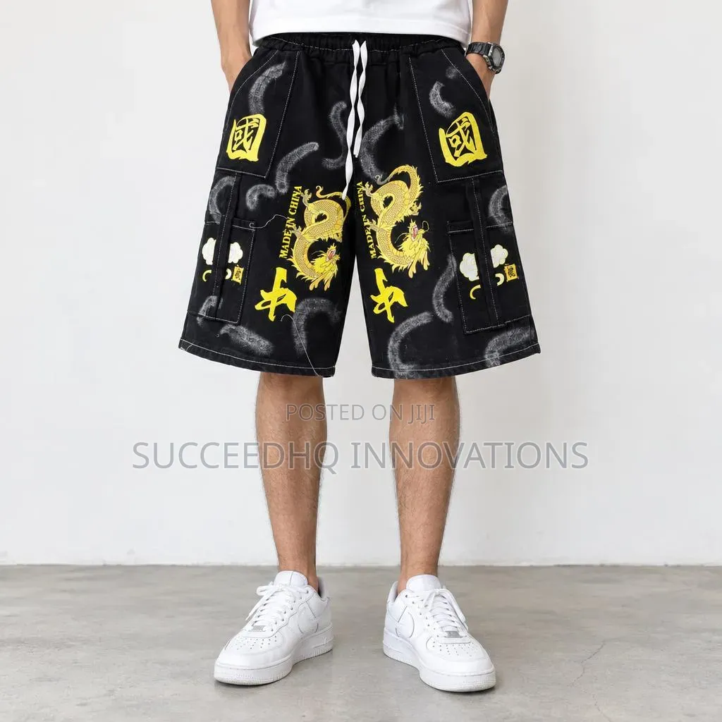 Men's Black Baggy Cargo Shorts Dragon Graphic Print Streetwear