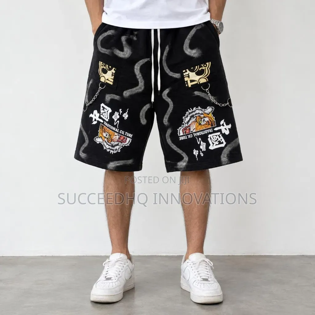 Men's Black Baggy Jean ShortsGraphic & Traditional Culture Streetwear