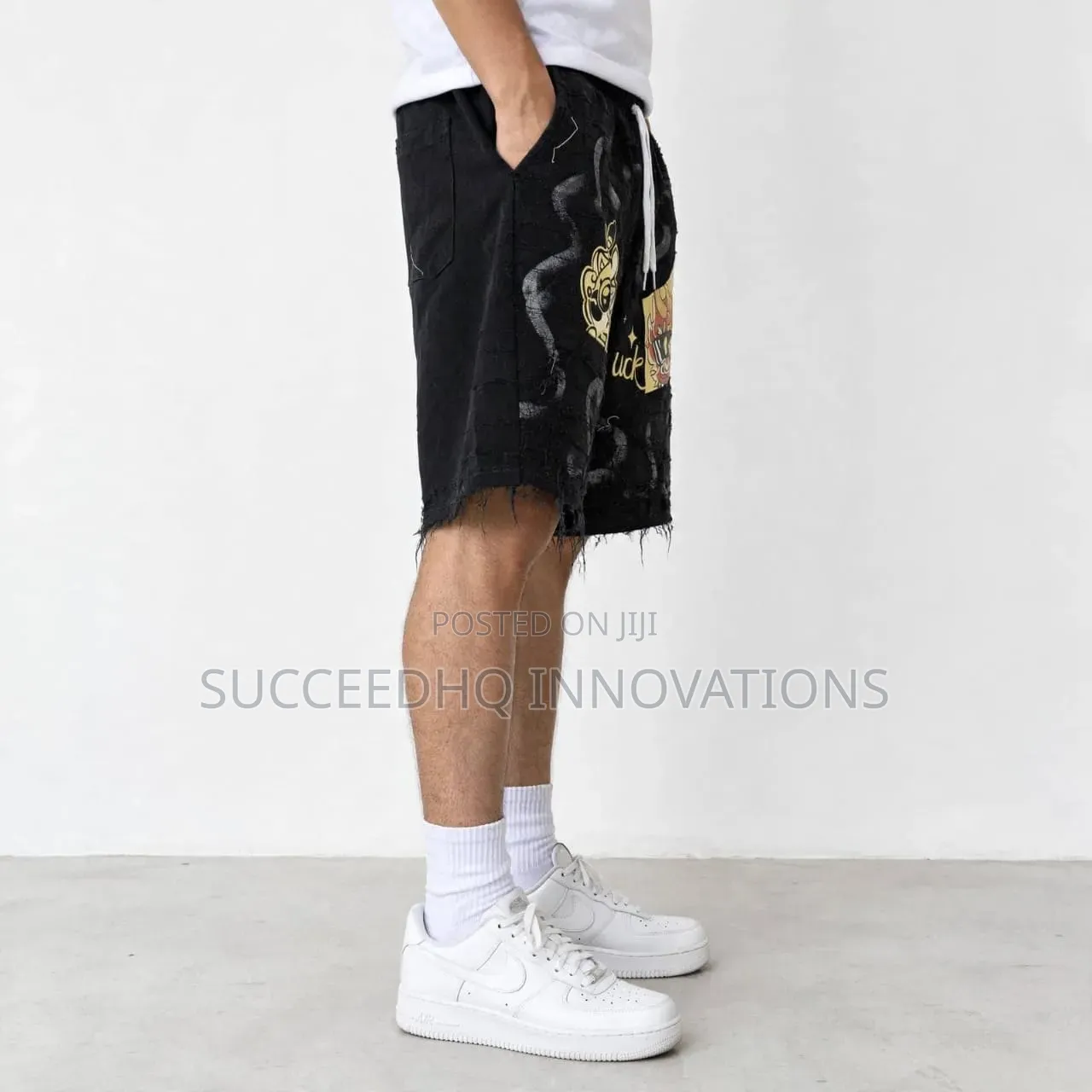 Men's Black Baggy Jean Shorts Print & Distressed Streetwear Jorts