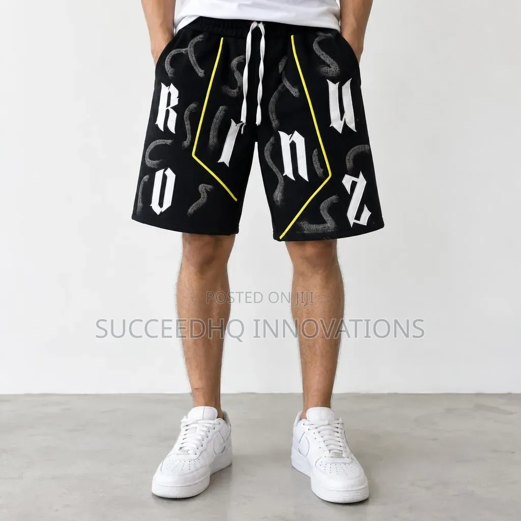 Men's Black Baggy Jean Shorts – Gothic Print & Yellow Streetwear