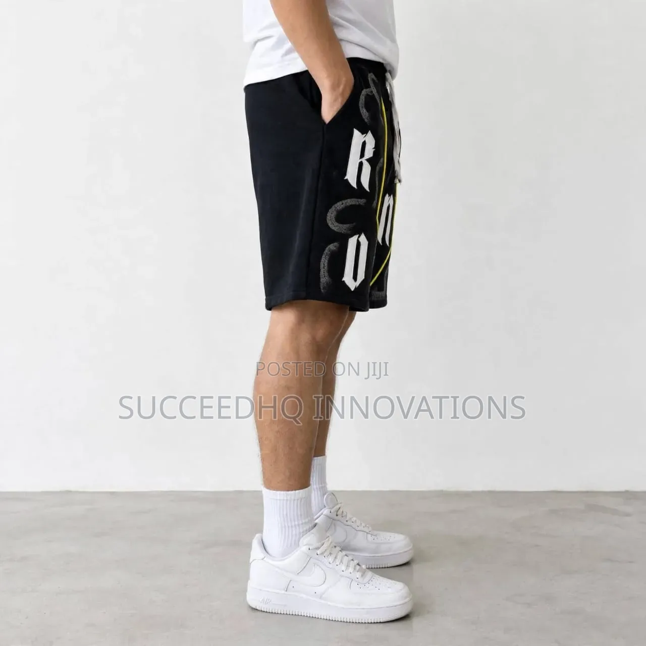 Men's Black Baggy Jean Shorts – Gothic Print & Yellow Streetwear