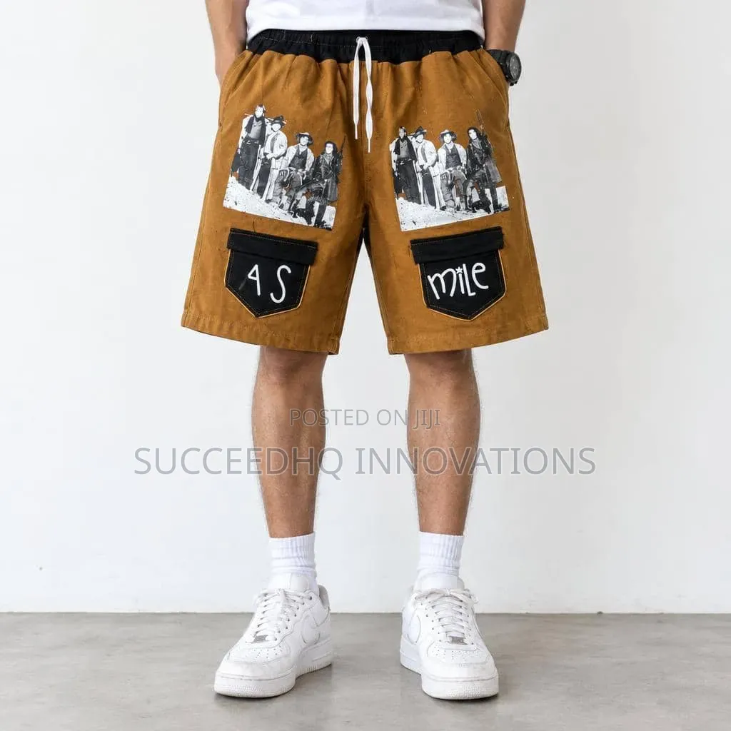Men's Brown Baggy Cargo Jeans Shorts & Big Pocket Streetwear Jorts