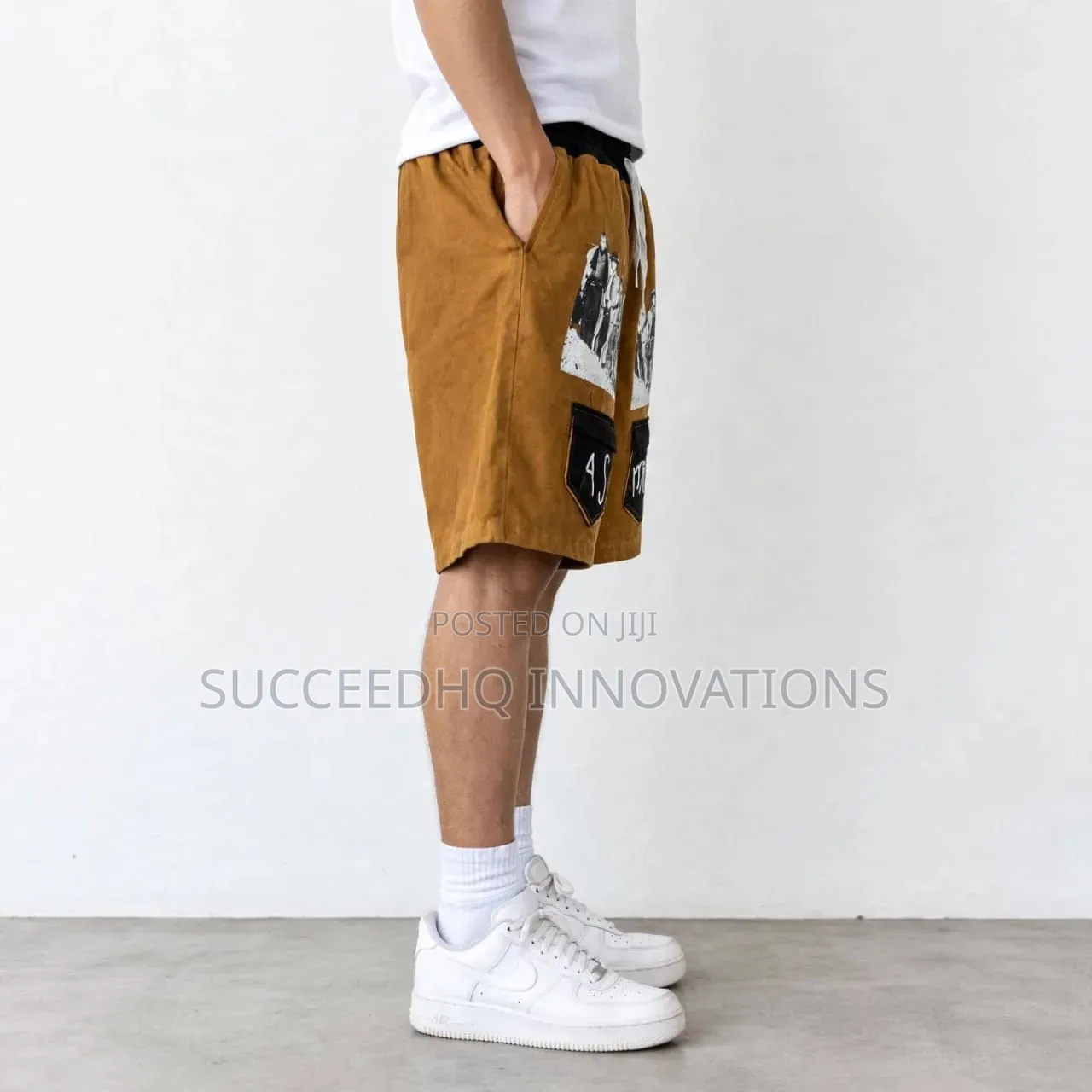 Men's Brown Baggy Cargo Jeans Shorts & Big Pocket Streetwear Jorts