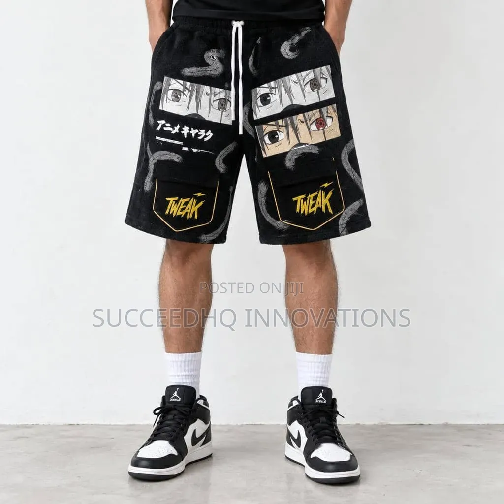 Men's Black Baggy Shorts Anime Graphic Print & TWEAK Pocket Streetwear