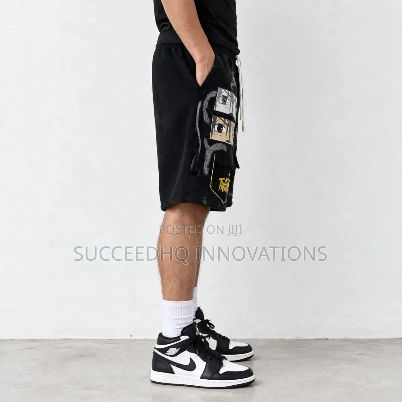 Men's Black Baggy Shorts Anime Graphic Print & TWEAK Pocket Streetwear