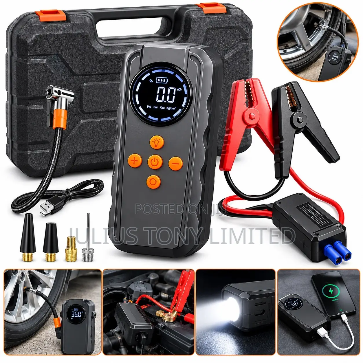 Car Jump Starter Power Bank With Digital Air Compressor, Tyre Inflator